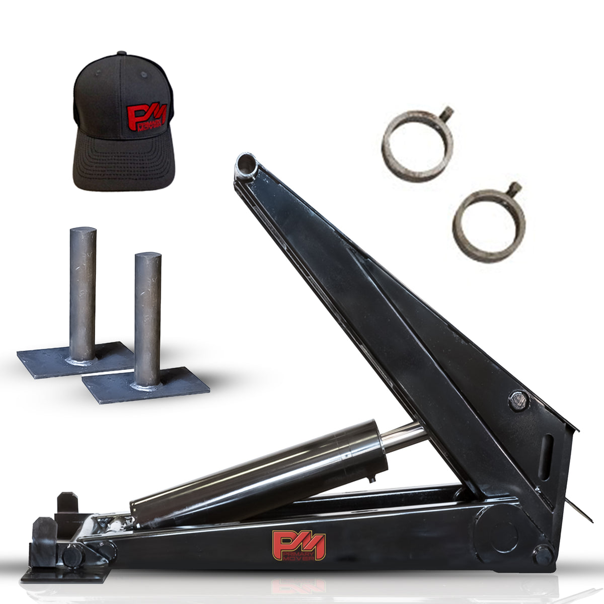 Hydraulic Scissor Hoist Kit - 12 Ton Capacity - Fits 16-20' Dump Body | PF-625: Black car jack with metal tubes, red and yellow logo, metal rings, and poles. Includes cylinder, mounting brackets, hydraulic pump, and more.