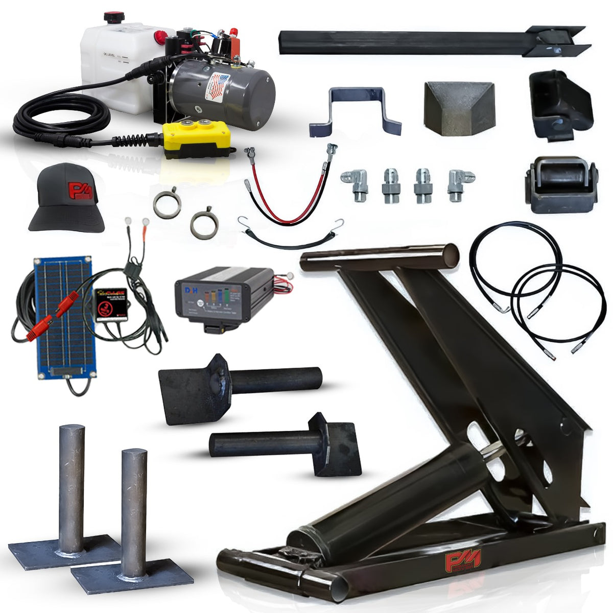 Hydraulic Scissor Hoist Kit - 10 Ton Capacity - Fits 12-16' Dump Body | PF-520: A collage of equipment including a black machine, a black box with colorful buttons, a solar panel, and metal poles.