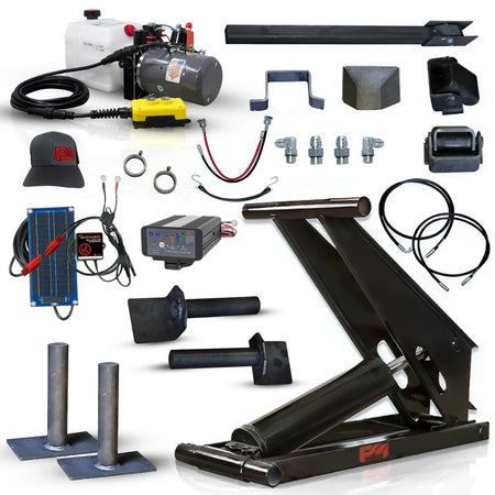 Hydraulic Scissor Hoist Kit - 6 Ton Capacity - Fits 10-14' Dump Body | PF-416: A collage of equipment including a black machine, colorful buttons, solar panel, and cables. Includes cylinder, mounting brackets, hydraulic pump, and safety features.