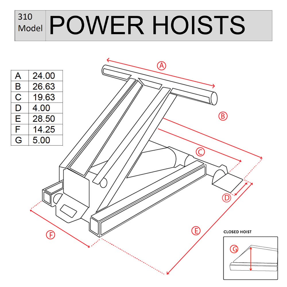 Hydraulic Scissor Hoist Kit - 3 Ton Capacity - Fits 8-10' Dump Body | PF-310: Technical drawing of power hoists, car jack, and catapult. Includes cylinder, mounting brackets, hydraulic pump, and safety features.