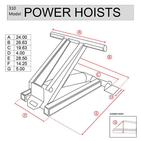 Hydraulic Scissor Hoist Kit - 3 Ton Capacity - Fits 8-10' Dump Body | PF-310: Technical drawing of power hoists, car jack, and catapult. Includes cylinder, mounting brackets, hydraulic pump, and safety features.