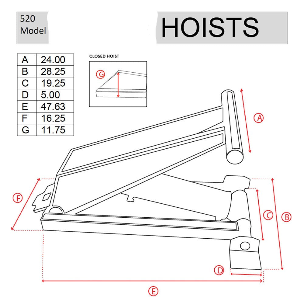 Hydraulic Scissor Hoist Kit - 10 Ton Capacity - Fits 12-16' Dump Body | PF-520: Drawing of a model hoist with mechanical tools, a diagram of a closed house, and a table with numbers, emphasizing durability and reliability.