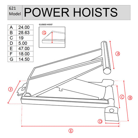 Drawing of a power hoist kit with cylinder, mounting brackets, hydraulic pump, safety features, and accessories. Ideal for 16-20' dump trailers. Premium kit includes solar charger and AC charger.