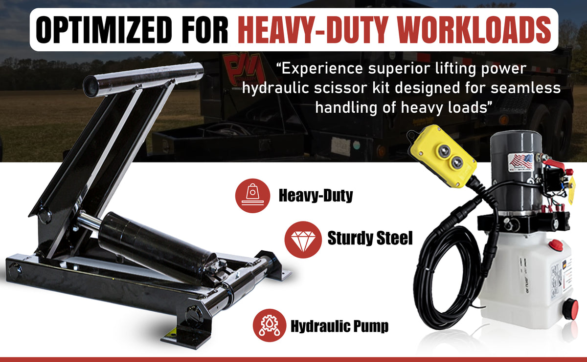 Hydraulic scissor hoist kit for 8-10' dump bodies, 3-ton capacity. Includes cylinder, mounting brackets, hydraulic pump, safety features, and more. Reliable and durable for utility truck beds.