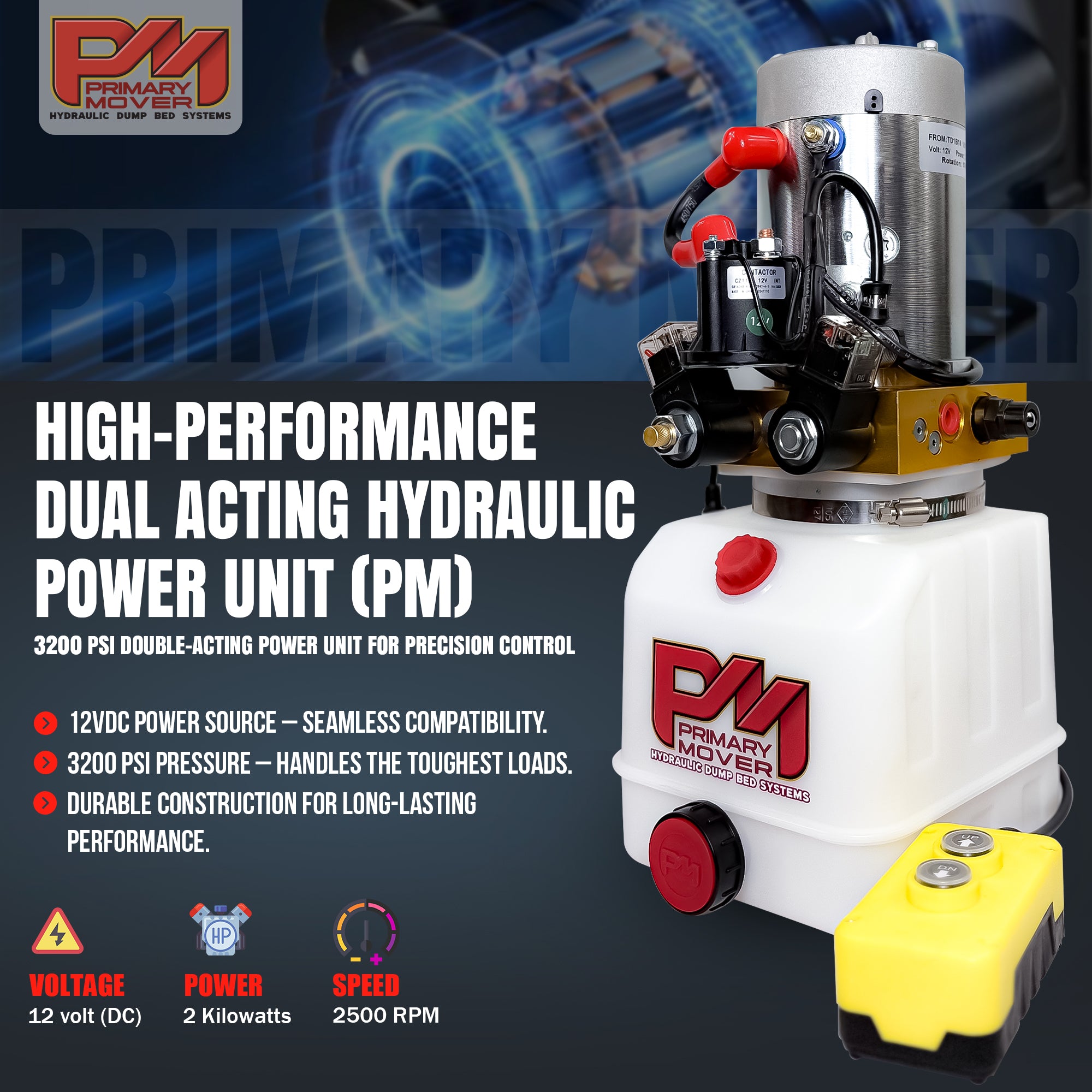 14 Ton HD Hydraulic Scissor Hoist Kit PF-630, featuring white container with red buttons and yellow-black device, optimized for heavy-duty dump trailers.