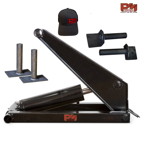 Hydraulic Scissor Hoist Kit - 10 Ton Capacity - Fits 12-16' Dump Body | PF-520: A black metal tool with various components, including cylinder, mounting brackets, hydraulic pump, safety features, and remote control.