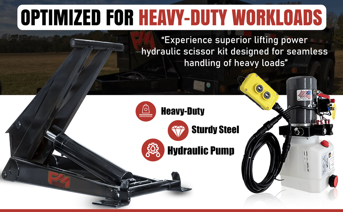 Hydraulic Scissor Hoist Kit - 12 Ton Capacity - Fits 16-20' Dump Body | PF-625: A close-up of a black and yellow hydraulic lift with various components like cylinder, mounting brackets, and hydraulic pump.