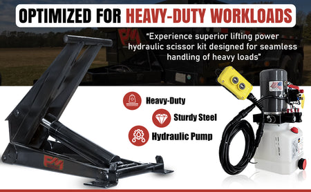 Hydraulic Scissor Hoist Kit - 12 Ton Capacity - Fits 16-20' Dump Body | PF-625: A close-up of a black and yellow hydraulic lift with various components like cylinder, mounting brackets, and hydraulic pump.