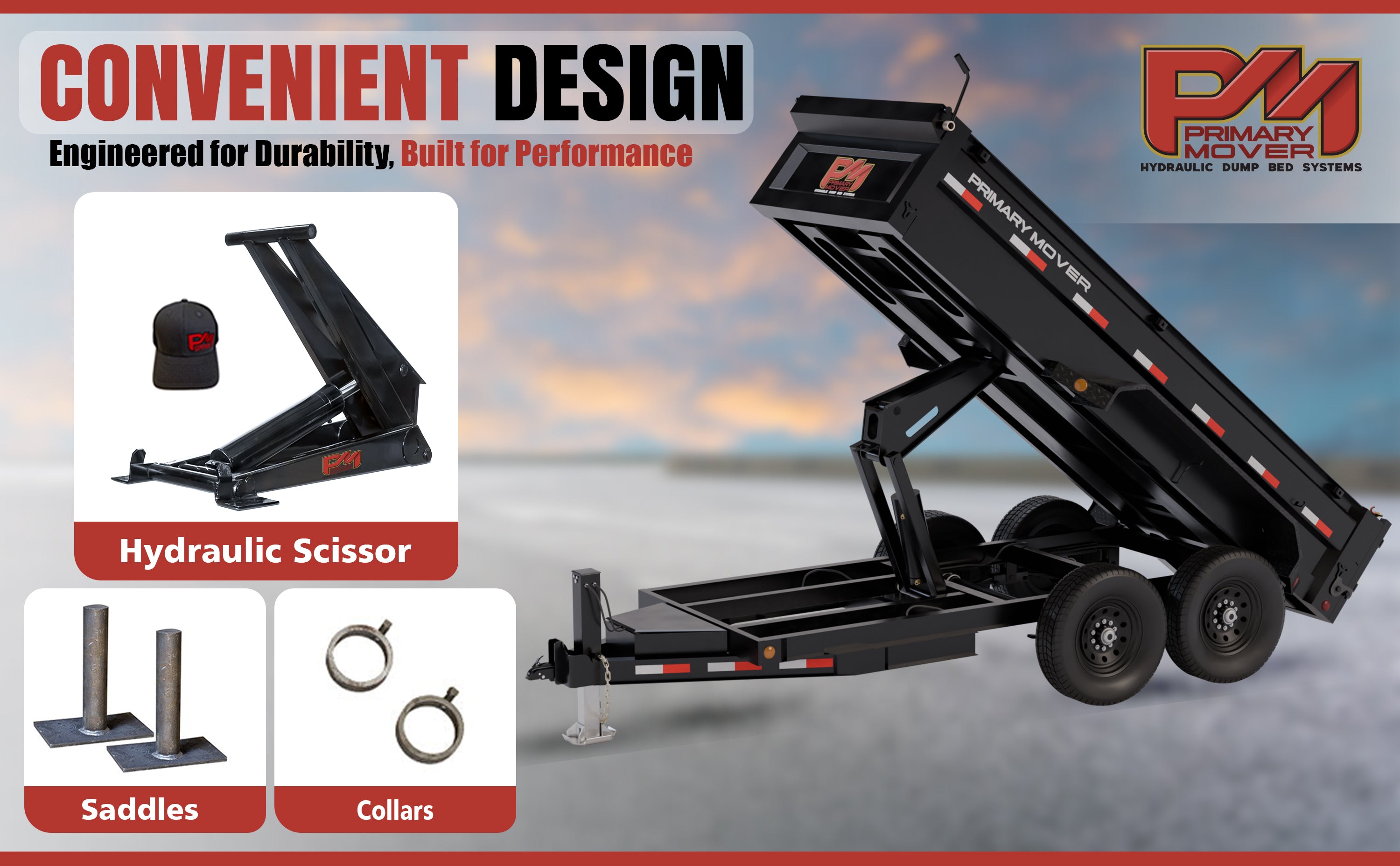 Hydraulic Scissor Hoist Kit - 12 Ton Capacity - Fits 16-20' Dump Body | PF-625. Image: Trailer with lift, tire close-ups, logo details. Reliable, durable hoist for dump trailers. Includes cylinder, mounting brackets, hydraulic pump, safety features.