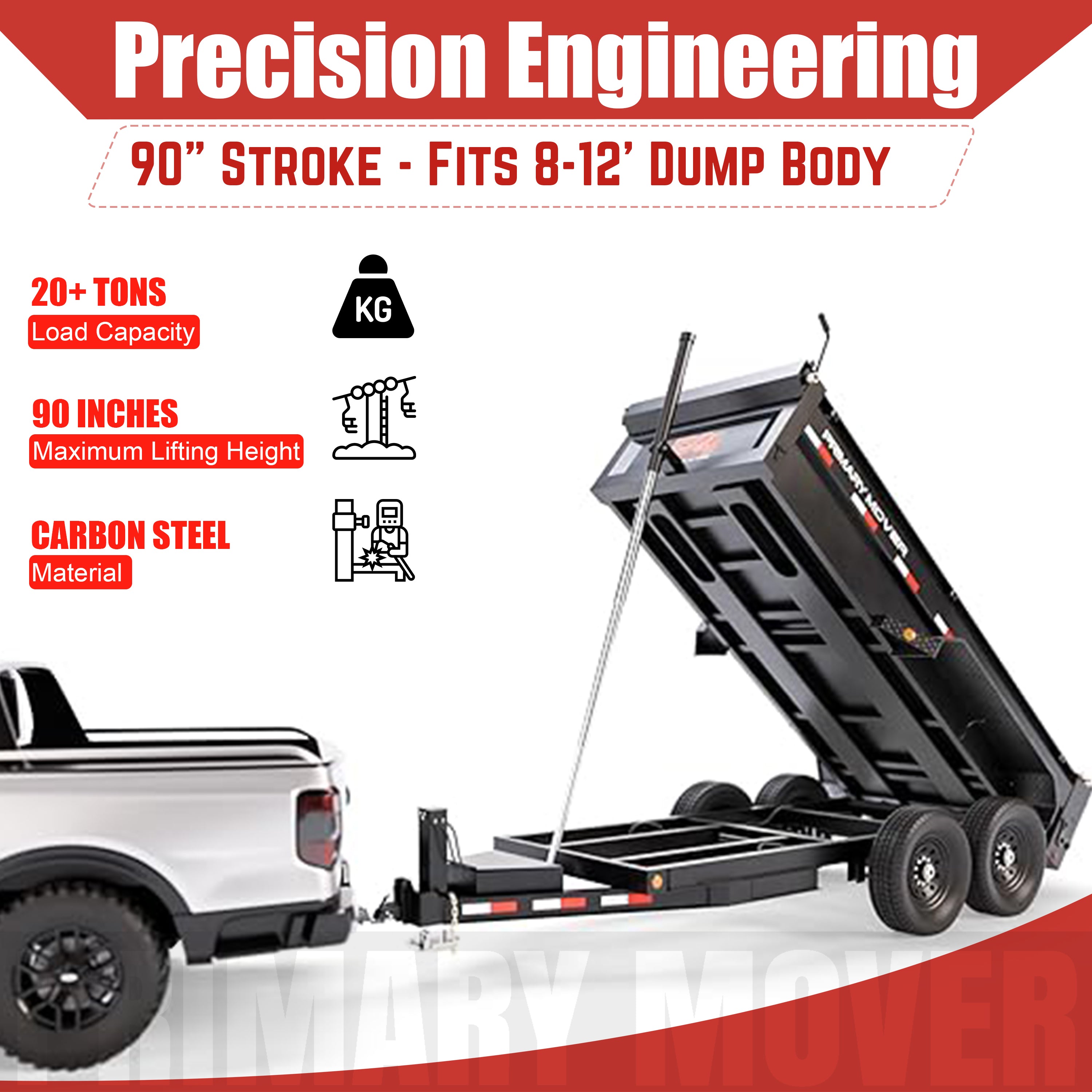 Telescopic Dump Trailer Cylinder Kit, 20 Ton Capacity, 90 Stroke, fits 8-12' dump body, visible with black trailer and truck in background.