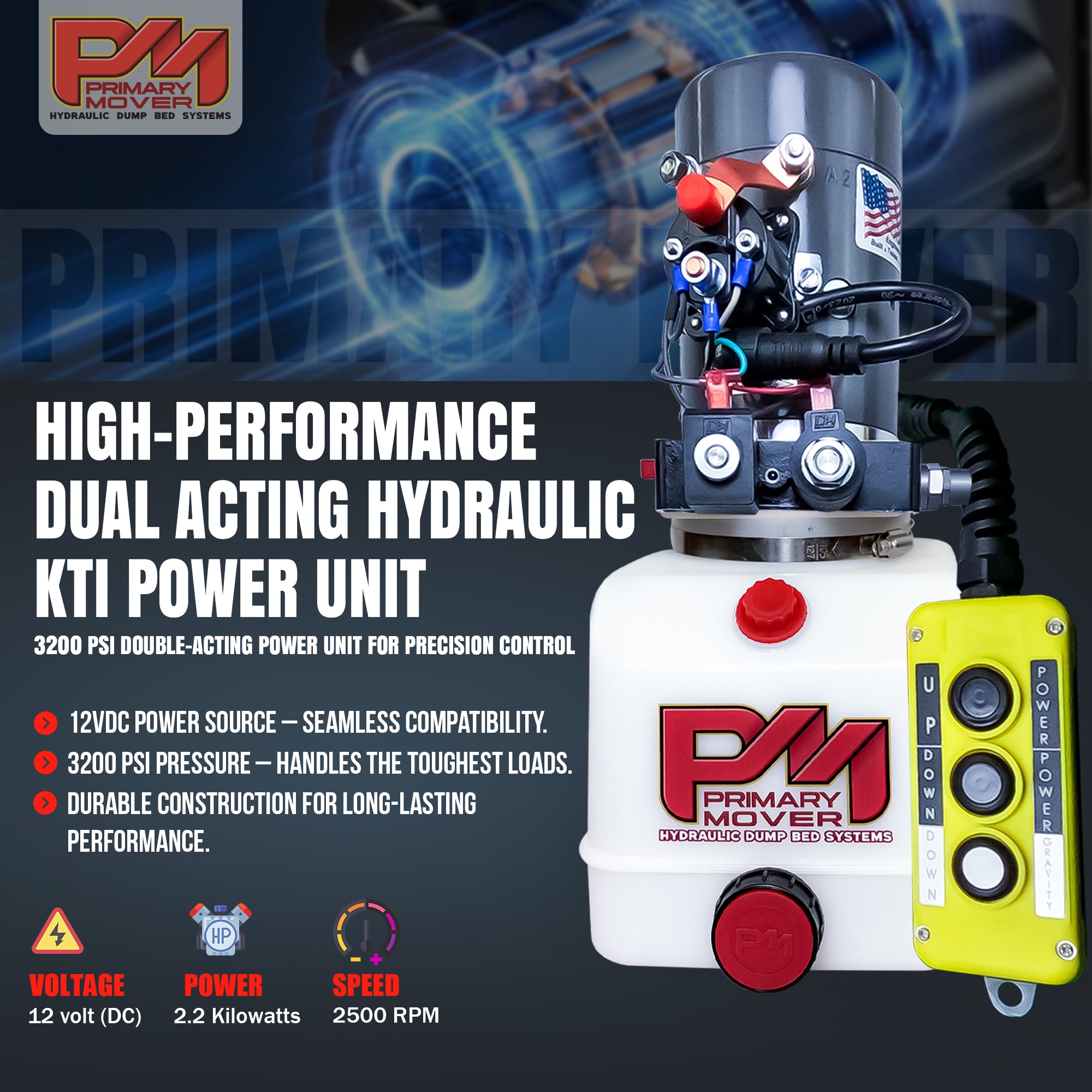 Close-up of the 14 Ton HD Hydraulic Scissor Hoist Kit PF-630, highlighting the robust 6.5 cylinder and heavy-duty hinges designed for powerful dump trailer lifting.