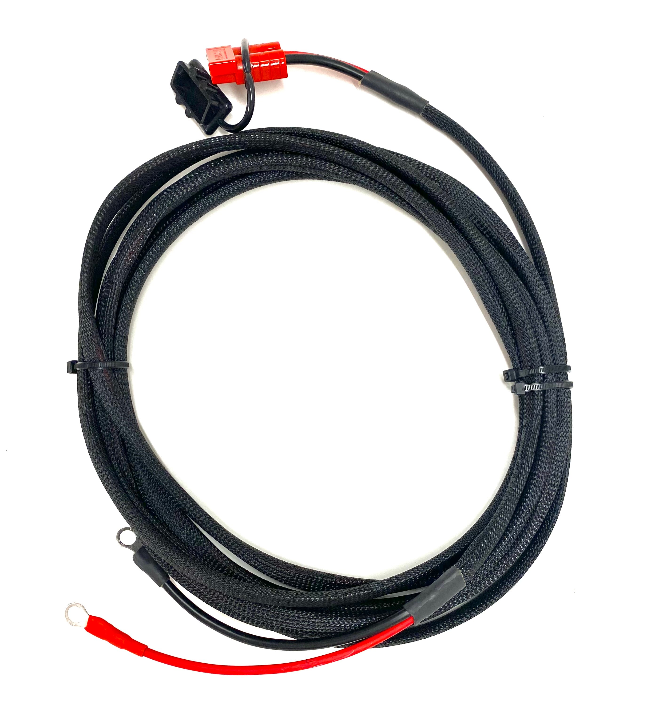 A close-up of RoaDCharger 35 Amp DC-to-DC battery charger with 20 wire whip. Black and red cable with a red tag, ideal for commercial vehicles.
