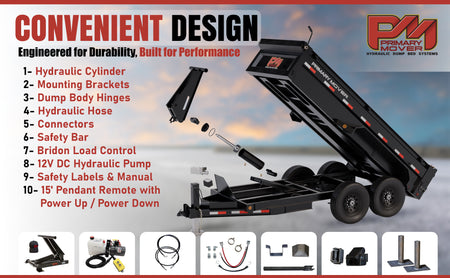Hydraulic Scissor Hoist Kit - 3 Ton Capacity - Fits 8-10' Dump Body | PF-310: Image shows a trailer with attached parts like wheel, tire, and hydraulic components for reliable dump functionality.