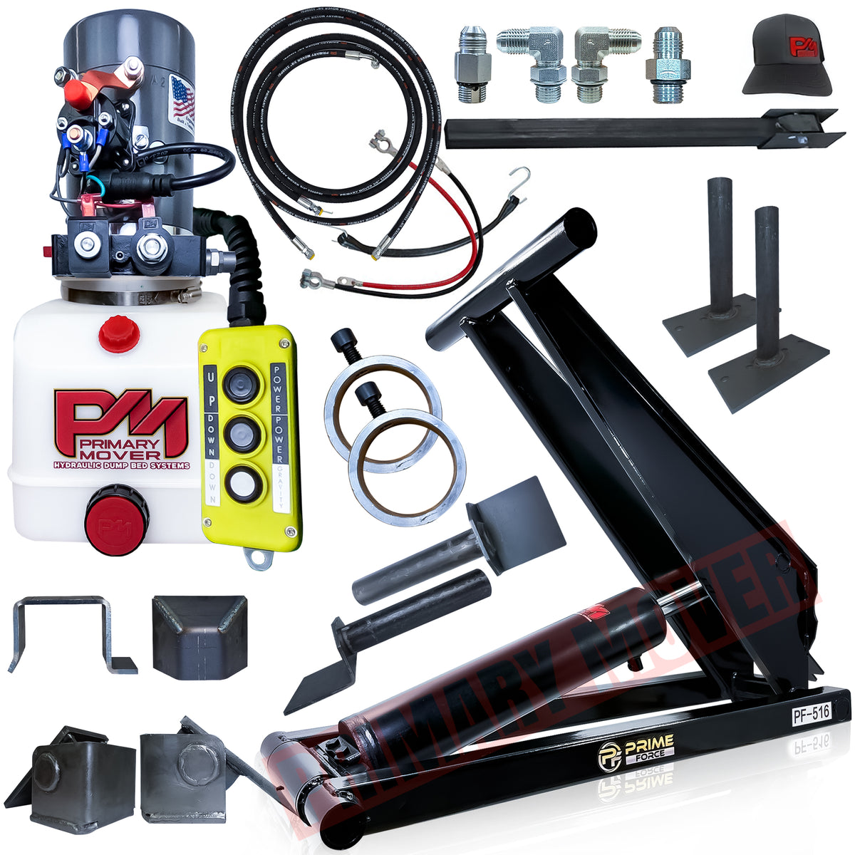 8 Ton Hydraulic Scissor Hoist Kit - Fits 10-14' Dump Body PF-516, featuring a robust metal cylinder, yellow hydraulic components, and a red and black cap.