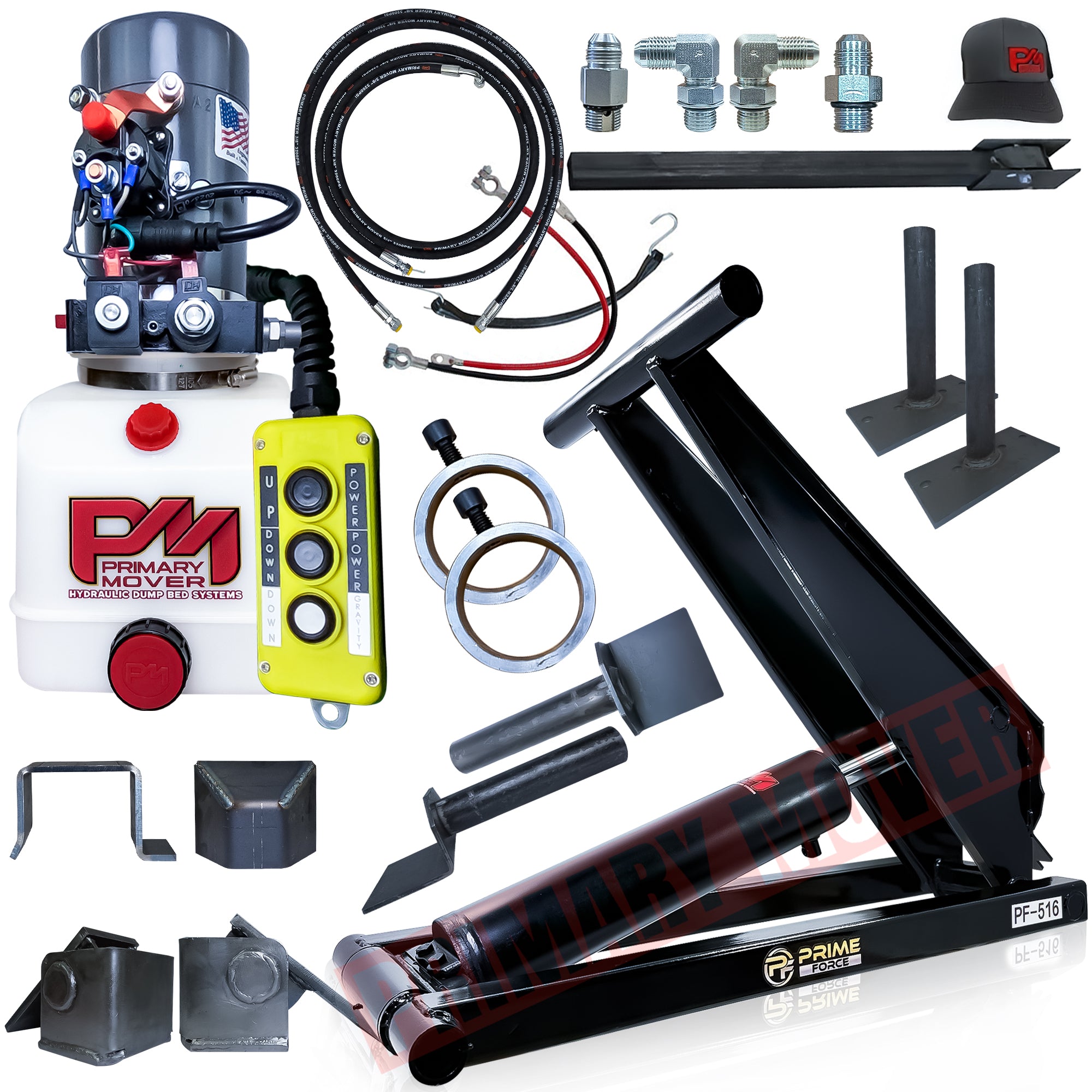 8 Ton Hydraulic Scissor Hoist Kit - Fits 10-14' Dump Body PF-516, featuring a robust metal cylinder, yellow hydraulic components, and a red and black cap.