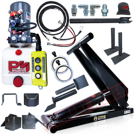 8 Ton Hydraulic Scissor Hoist Kit - Fits 10-14' Dump Body PF-516, featuring a robust metal cylinder, yellow hydraulic components, and a red and black cap.