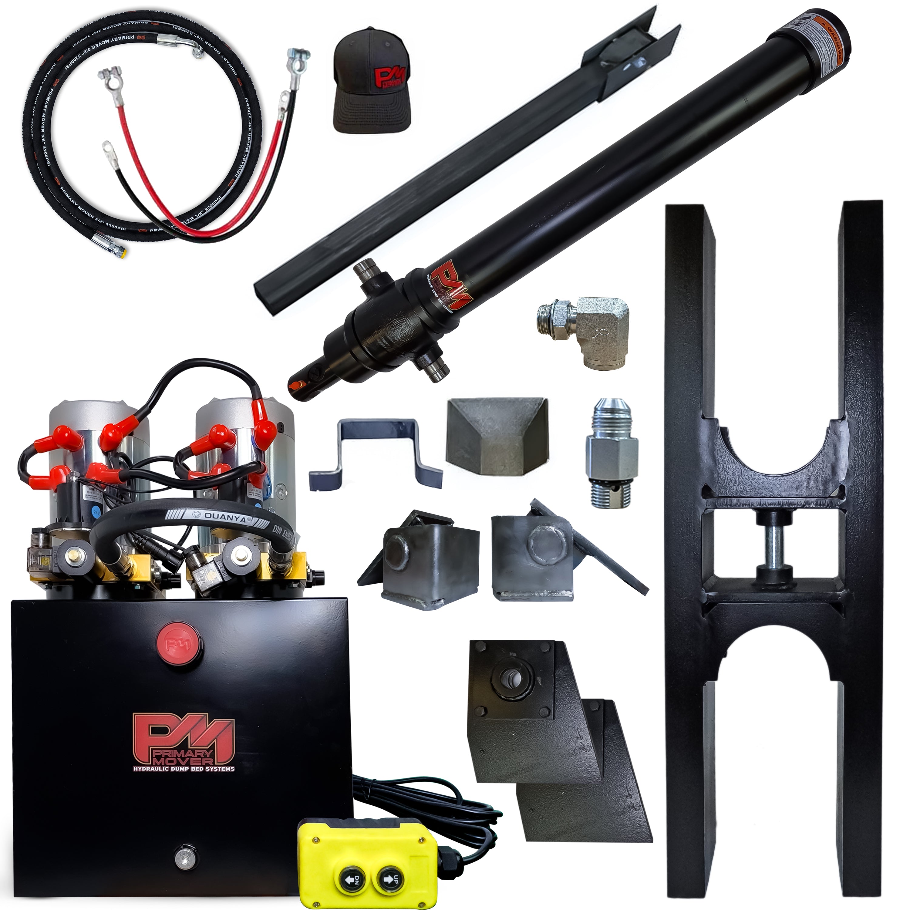 Telescopic Dump Trailer Cylinder Kit, 20 Ton Capacity, 90 Stroke, fits 8-12' Dump Body, shown with components like cables and mounting brackets.