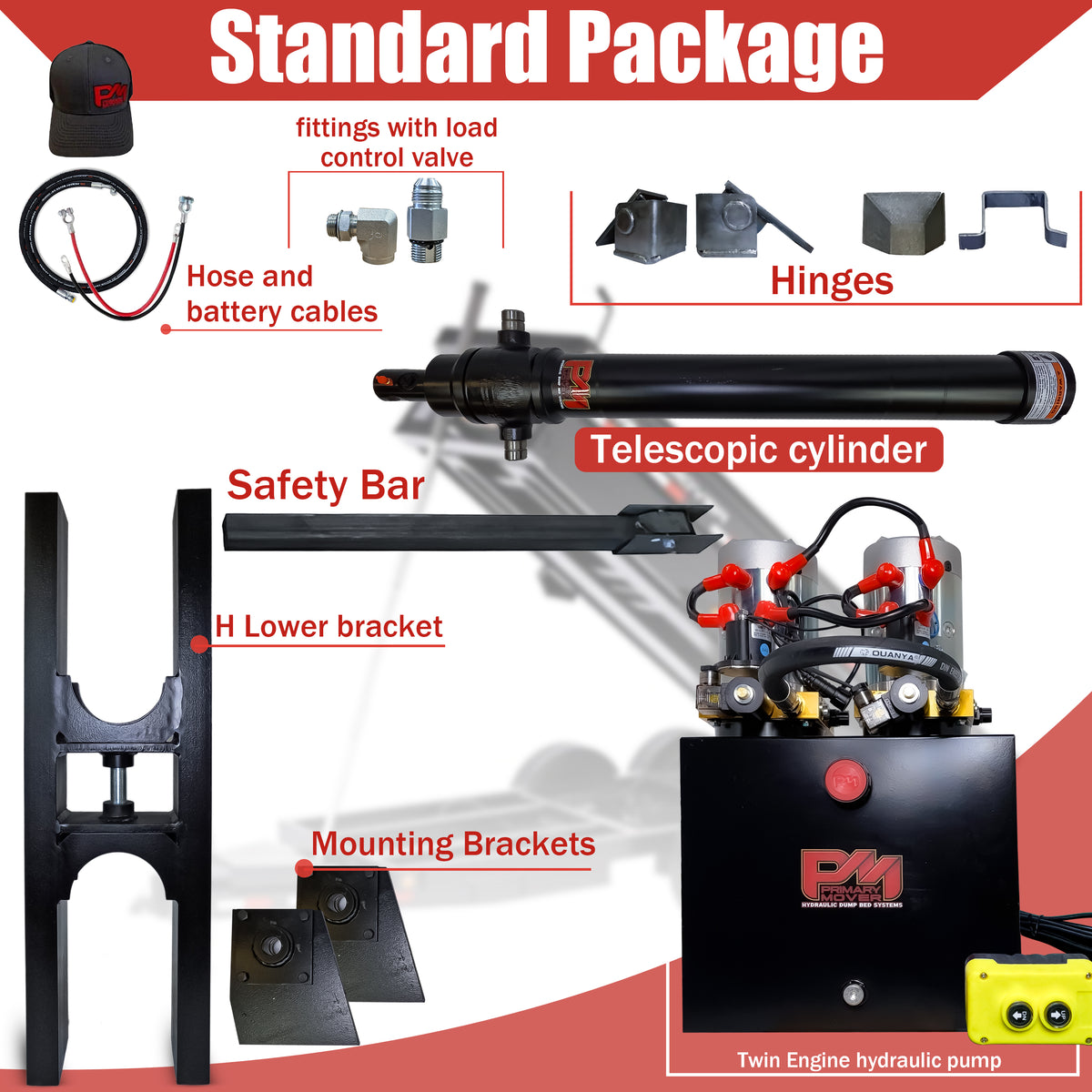 Telescopic Dump Trailer Cylinder Kit - 20 Ton Capacity, 90 Stroke, fits 8-12' dump beds, featuring black and red cables and logo.