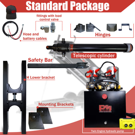 Telescopic Dump Trailer Cylinder Kit - 20 Ton Capacity, 90 Stroke, fits 8-12' dump beds, featuring black and red cables and logo.