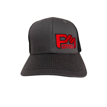 A black snapback mesh hat with red logo, featuring adjustable plastic snaps for a customizable fit. Classic and versatile headgear for a timeless look.