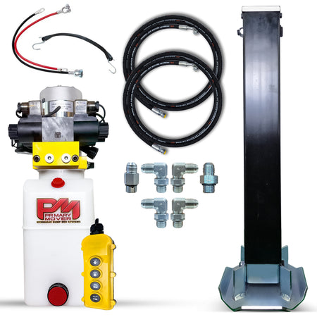 12K Single Hydraulic Trailer Jack Leg Kit, featuring a robust cylinder, hose detail, and red logo, designed for dual control with weld-on or bolt-on options.