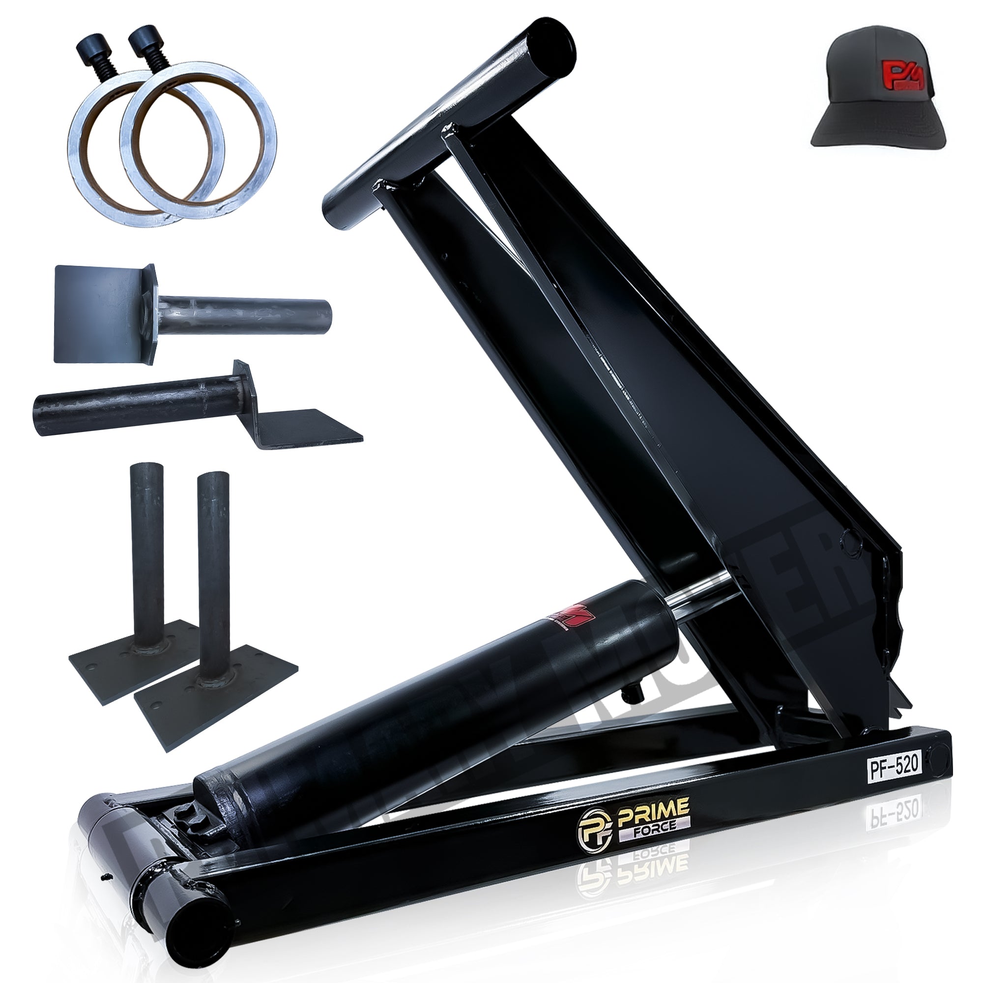 10 Ton Hydraulic Scissor Hoist Kit - PF-520, featuring metal rings with black screws and a black hat with a red logo, ideal for 12-16' dump bodies.