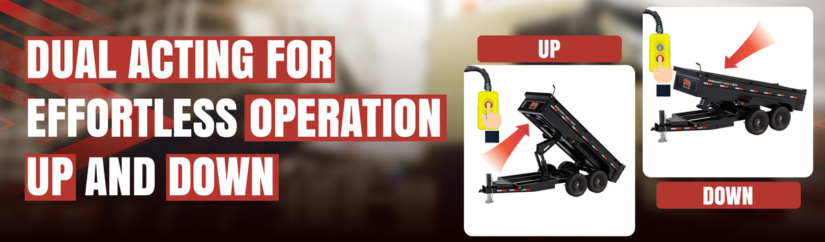 Hydraulic Scissor Hoist Kit - 12 Ton Capacity - Fits 16-20' Dump Body | PF-625. Image shows a machine with a hand pressing a button on a trailer. Includes cylinder, mounting brackets, hydraulic pump, safety features, and more.
