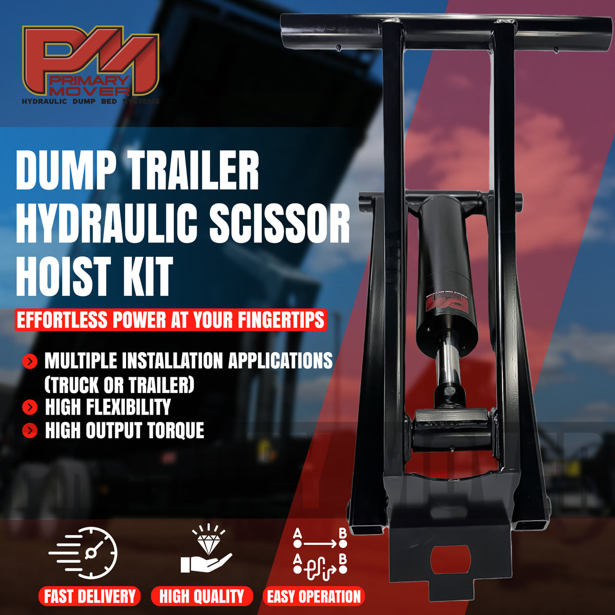 Hand holding a sign for the 6 Ton Hydraulic Scissor Hoist Kit PF-416, ideal for 10-14' dump bodies, highlighting its compact design and powerful lift capacity.