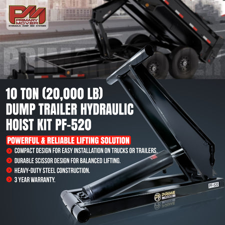 10 Ton Hydraulic Scissor Hoist Kit PF-520, showcasing its robust 5.5 cylinder and components, designed for 12-16' dump trailers, emphasizing durability and lift capacity.