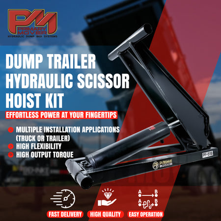 8 Ton Hydraulic Scissor Hoist Kit - PF-516, showcasing a close-up of the hoist's heavy-duty cylinder and mounting components for dump trailers.