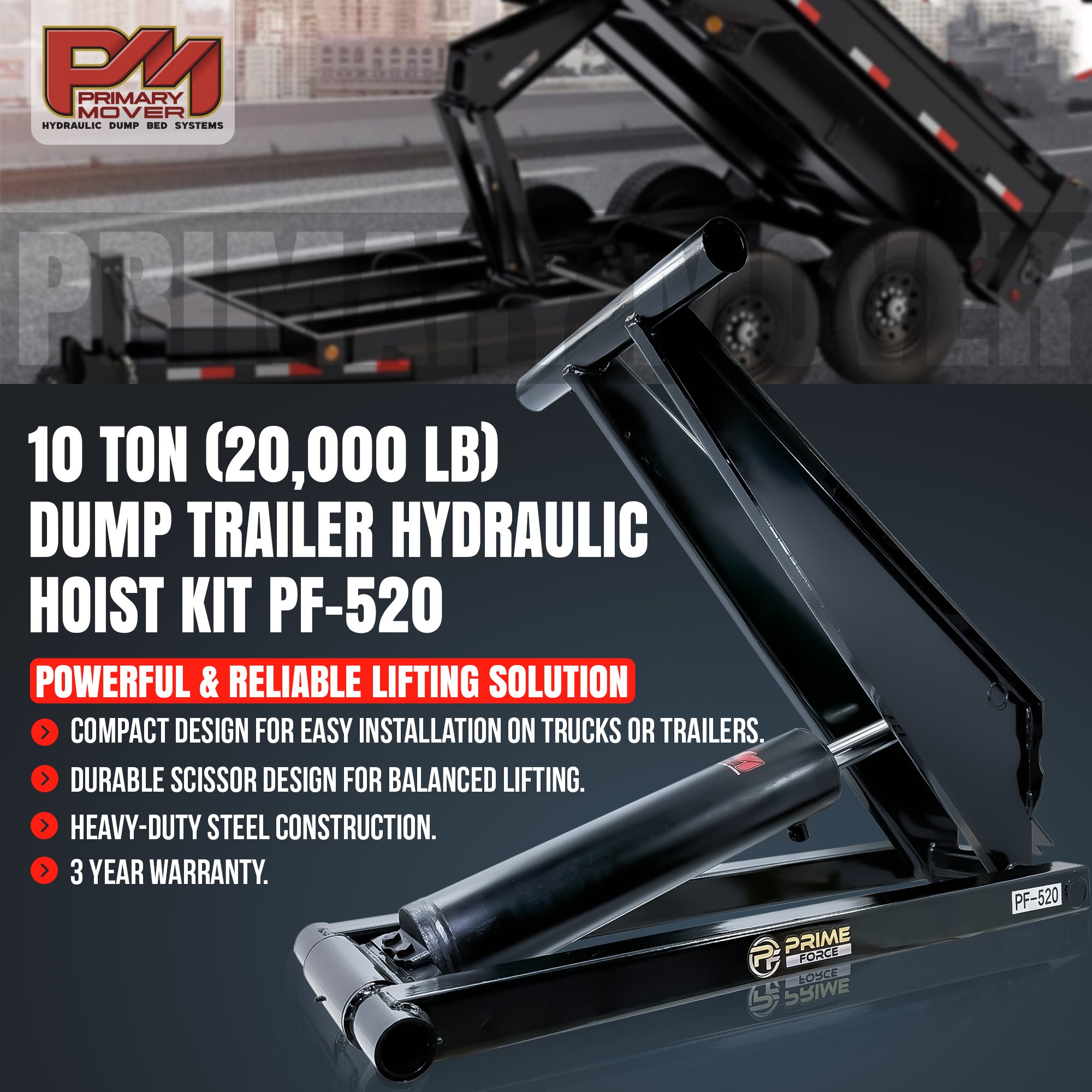 10 Ton Hydraulic Scissor Hoist Kit PF-520, featuring a durable 5.5 cylinder and extended 20 stroke, ideal for 12-16' dump trailers.