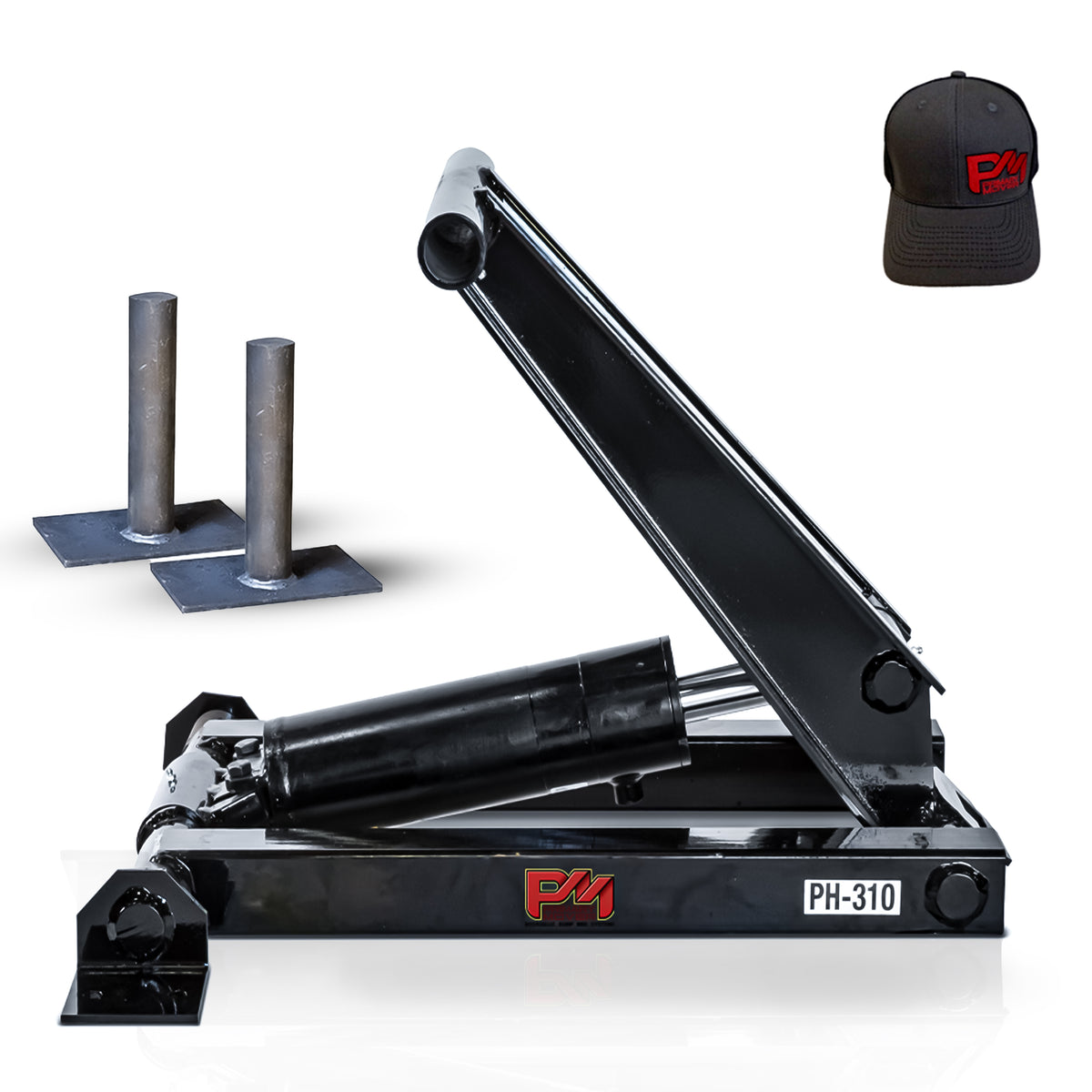 Hydraulic Scissor Hoist Kit - 3 Ton Capacity - Fits 8-10' Dump Body | PF-310: Black metal object with cap, red and black logo, close-up of logo, and metal poles. Includes cylinder, mounting brackets, hydraulic pump, and more.
