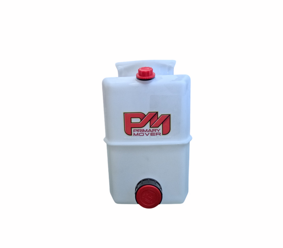 5 Quart Poly Hydraulic Reservoir Tank with plug and breather caps, ideal for various hydraulic applications like dump trailers and RVs. Precise measurements for compatibility. Dimensions: 11.5 L x 7 W x 8.0 H.