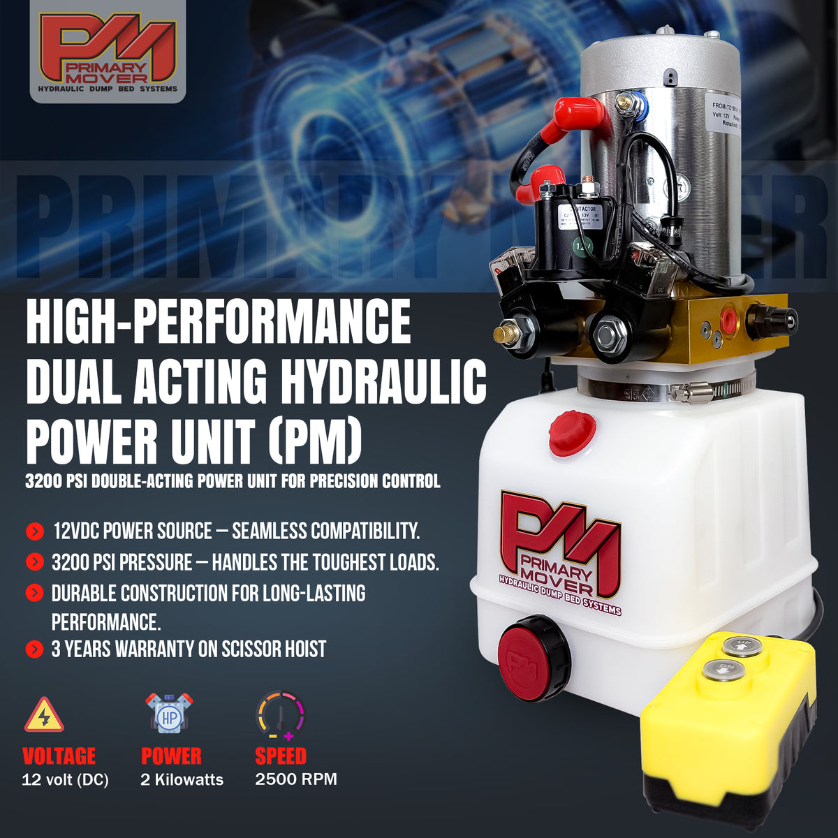 **Title:** 12 Ton HD Hydraulic Scissor Hoist Kit - Fits 16-20' Dump Body PF-625
**Meta Description:** Discover the PF-625 Hydraulic Scissor Hoist Kit, designed for heavy-duty 16-20' dump trailers. Features durable 12V power unit and robust construction.
**Alt Text:** Compact hydraulic power unit with remote, 3200 PSI capacity, and 3-year warranty for dump trailers.