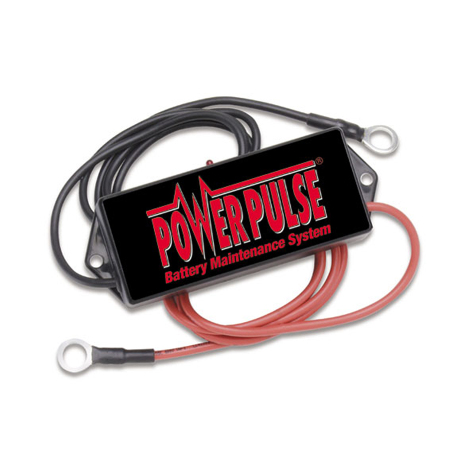 A black rectangular sign with red text displaying 36 Volt PowerPulse Battery Maintenance System PP-36-L for extending battery life without electrical outlet.