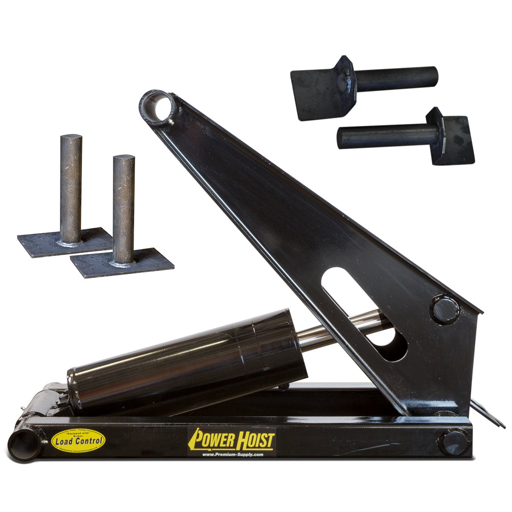 Hydraulic Scissor Hoist Kit - 11 Ton Capacity - Fits 16-20' Dump Body | PF-621-6: Metal machine with rods, bolt, poles, tube, and yellow text/sticker. Includes cylinder, mounting brackets, hydraulic pump, safety features.