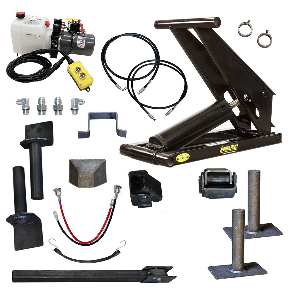 Hydraulic Scissor Hoist Kit - 11 Ton Capacity for 12-16' Dump Trailers. Includes cylinder, mounting brackets, hydraulic hose, safety features, and 12VDC pump. Premium kit option available with SolarPulse charger.
