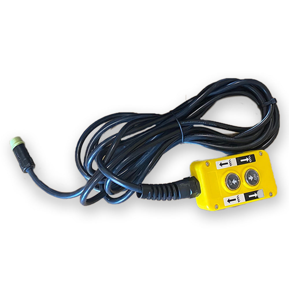 Yellow control panel with buttons and black wires for Hydraulic Scissor Hoist Kit - 3 Ton Capacity. Includes cylinder, mounting brackets, hydraulic pump, safety features, and remote control for 8-10' dump trailers.
