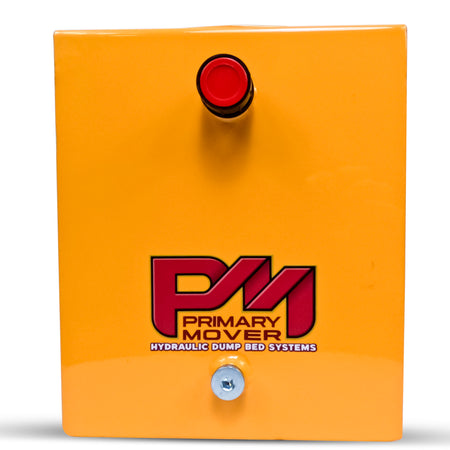 A yellow box with red buttons, a logo, and a red cap, showcasing a 10-quart steel hydraulic reservoir for hydraulic pumps. Durable steel construction, precise measurements, and plug and breather caps included for versatile hydraulic system compatibility.