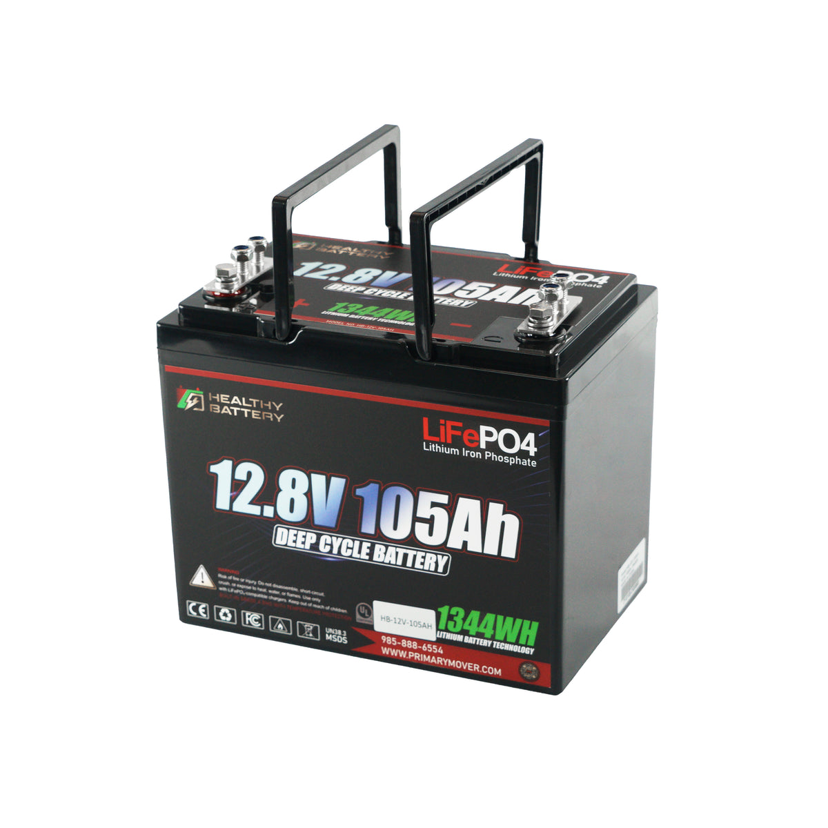 **Title:** Healthy Battery 12.8V 105Ah LiFePO4 Battery – 1344Wh Output

**Alt Text:** Deep-cycle LiFePO4 battery with 12.8V, 105Ah capacity, two carry handles, ideal for RV, marine, or solar energy storage applications.

**Meta Description:** Discover the Healthy Battery 12.8V 105Ah LiFePO4, offering 1344Wh output, Bluetooth monitoring, and integrated BMS for RV, marine, or solar storage.
