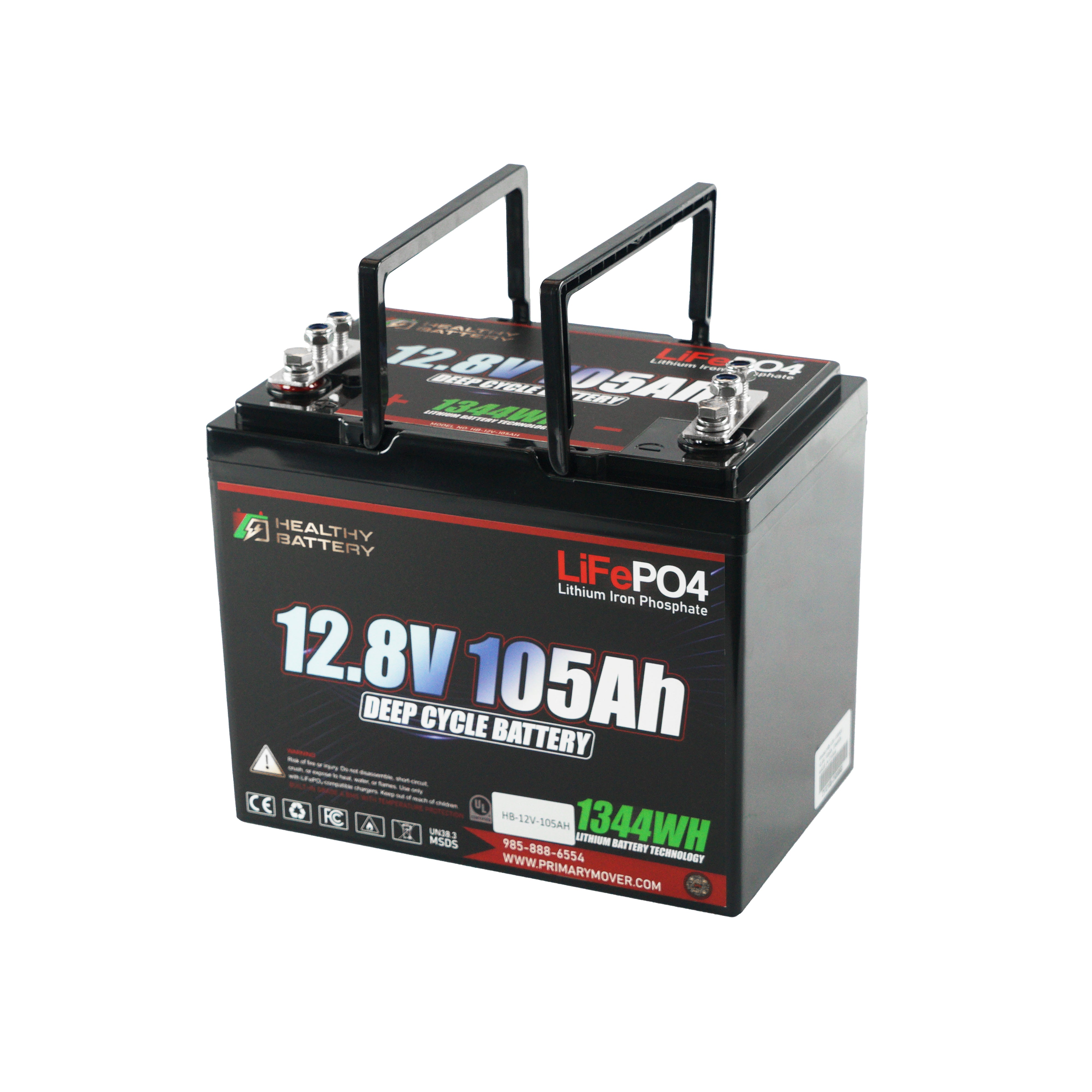 **Title:** Healthy Battery 12.8V 105Ah LiFePO4 Battery – 1344Wh Output

**Alt Text:** Deep-cycle LiFePO4 battery with 12.8V, 105Ah capacity, two carry handles, ideal for RV, marine, or solar energy storage applications.

**Meta Description:** Discover the Healthy Battery 12.8V 105Ah LiFePO4, offering 1344Wh output, Bluetooth monitoring, and integrated BMS for RV, marine, or solar storage.