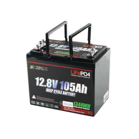 **Title:** Healthy Battery 12.8V 105Ah LiFePO4 Battery – 1344Wh Output

**Alt Text:** Deep-cycle LiFePO4 battery with 12.8V, 105Ah capacity, two carry handles, ideal for RV, marine, or solar energy storage applications.

**Meta Description:** Discover the Healthy Battery 12.8V 105Ah LiFePO4, offering 1344Wh output, Bluetooth monitoring, and integrated BMS for RV, marine, or solar storage.
