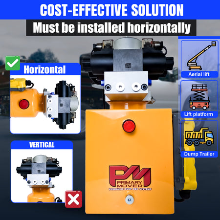 Compact and powerful Primary Mover 12V Dual Double-Acting Hydraulic Power Unit with versatile quad power capability for dump trailers and trucks. Used for any truck or trailer application. 1/2 ton truck dump bed kit.