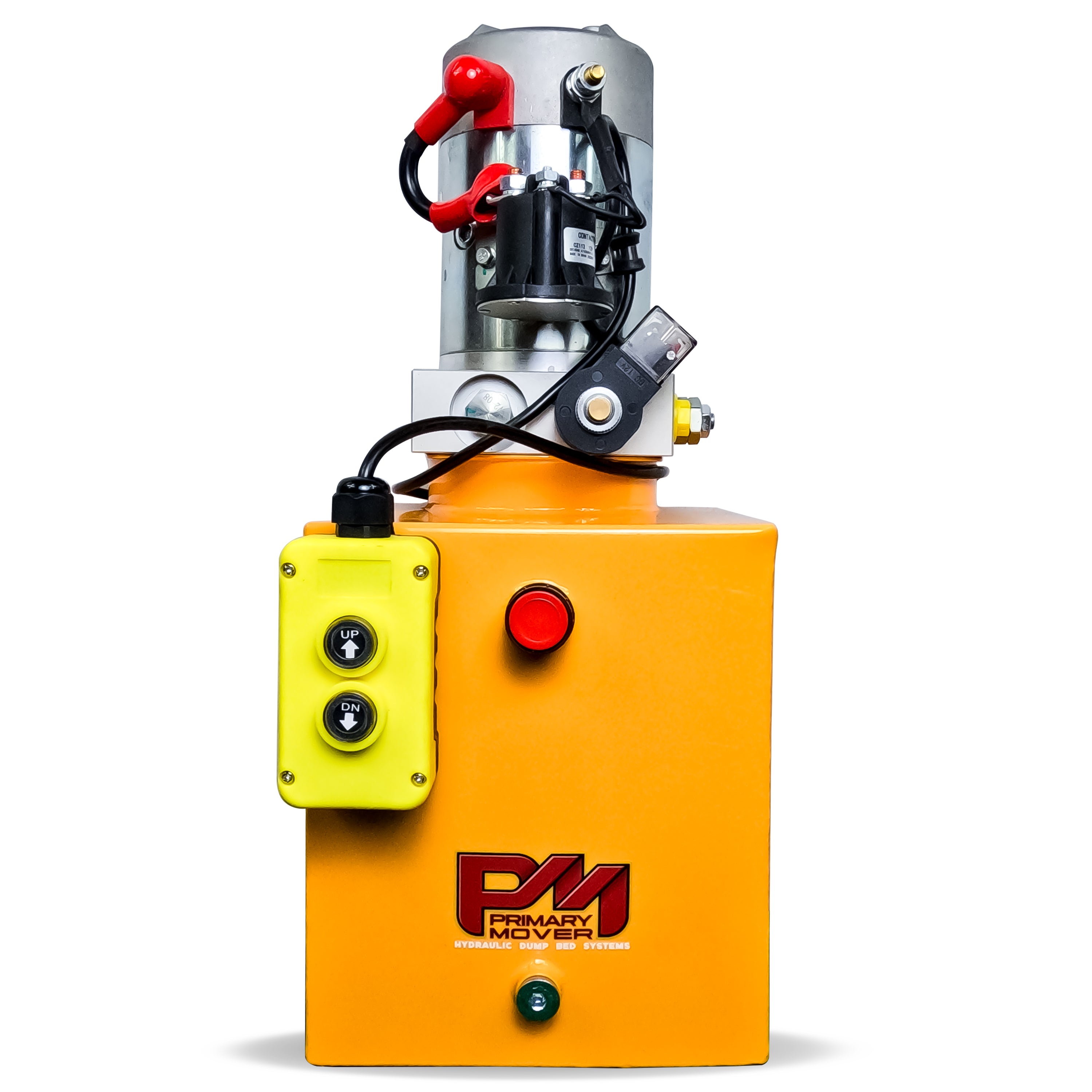 Primary Mover 12V Single-Acting Hydraulic Pump with Steel Reservoir, featuring red buttons and a yellow machine for efficient dump bed systems.
