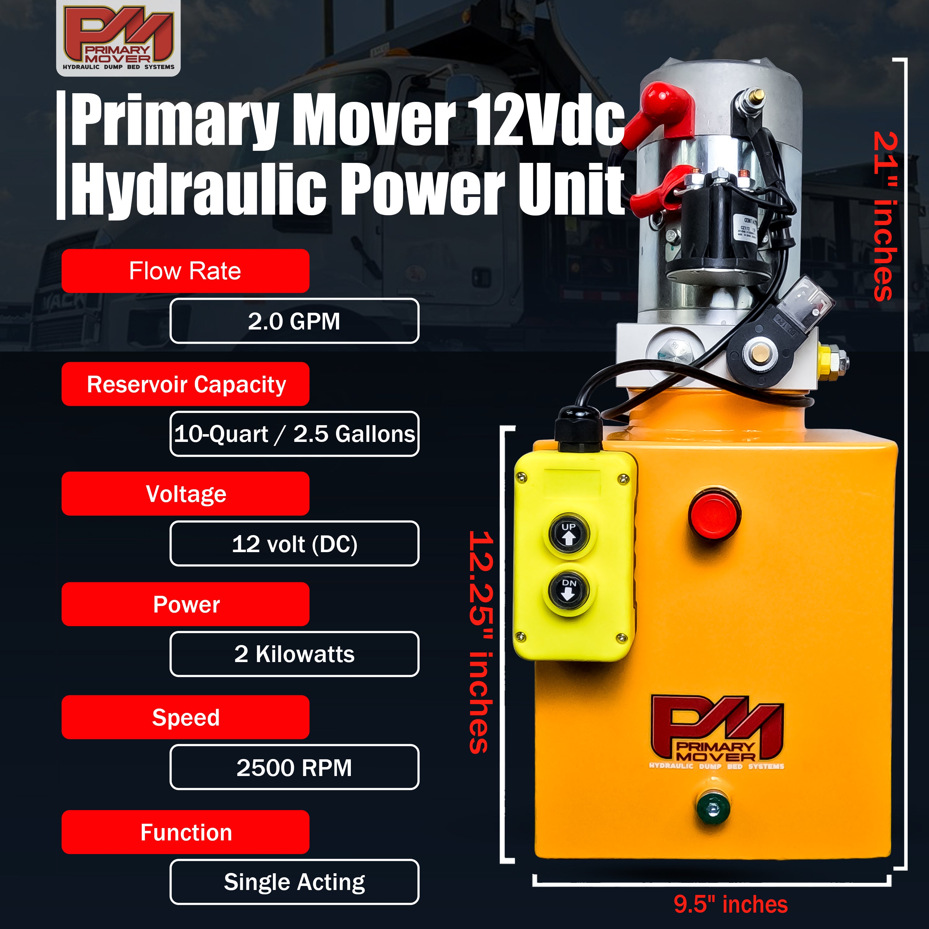A close-up of the Primary Mover 12V Single-Acting Hydraulic Pump with a red button and yellow surface, embodying efficiency and reliability in hydraulic systems.