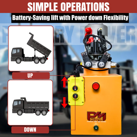 Primary Mover Double Acting 12VDC Hydraulic Power Unit with Steel Reservoirs, featuring dual-acting precision, tailored for dump bed systems, and quality craftsmanship for reliable performance in industrial settings.