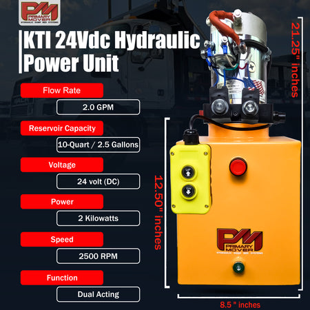 KTI 24Vdc Double Acting Hydraulic Power Unit with visible red buttons on a yellow surface, designed for efficient hydraulic systems in various applications.