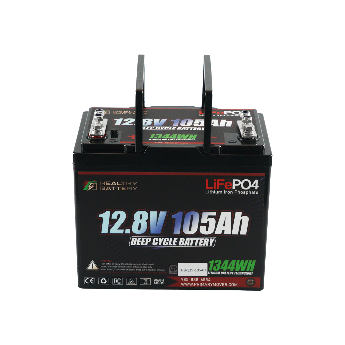 **Title:** Healthy Battery 12.8V 105Ah LiFePO4 Deep Cycle Battery – 1344Wh

**Alt Text:** Black rectangular battery labeled 12.8V 105Ah LiFePO4, features power terminals and handles.

**Meta Description:** Discover the Healthy Battery 12.8V 105Ah LiFePO4, ideal for high-demand hydraulic systems with Bluetooth monitoring and advanced safety features.