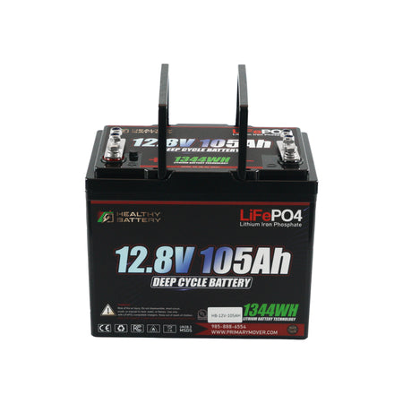 **Title:** Healthy Battery 12.8V 105Ah LiFePO4 Deep Cycle Battery – 1344Wh

**Alt Text:** Black rectangular battery labeled 12.8V 105Ah LiFePO4, features power terminals and handles.

**Meta Description:** Discover the Healthy Battery 12.8V 105Ah LiFePO4, ideal for high-demand hydraulic systems with Bluetooth monitoring and advanced safety features.