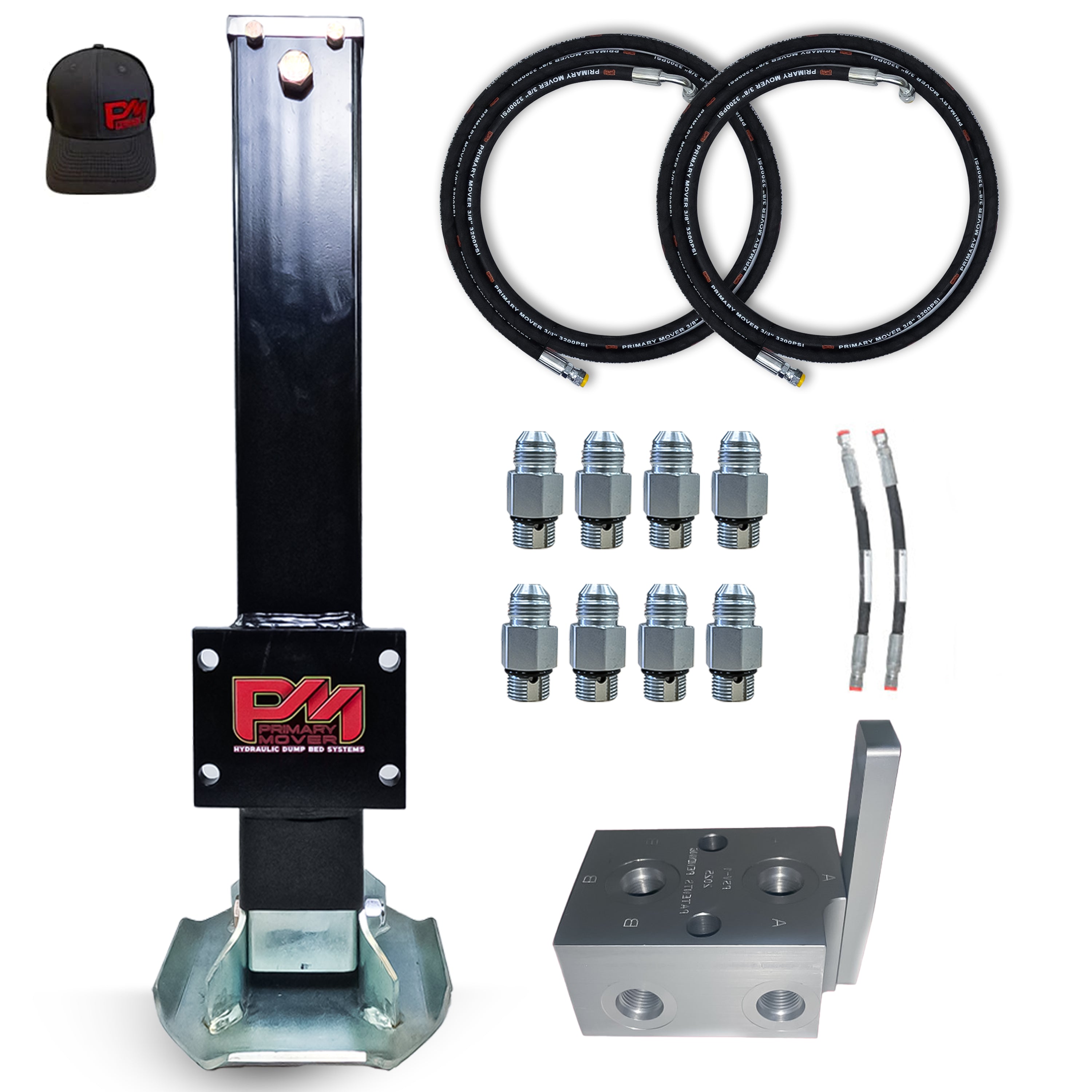 12k Single Hydraulic Trailer Jack Add-On Kit with robust 12,000-pound lift, hydraulic system, and zinc-plated parts for durability, shown with included hoses and fittings.